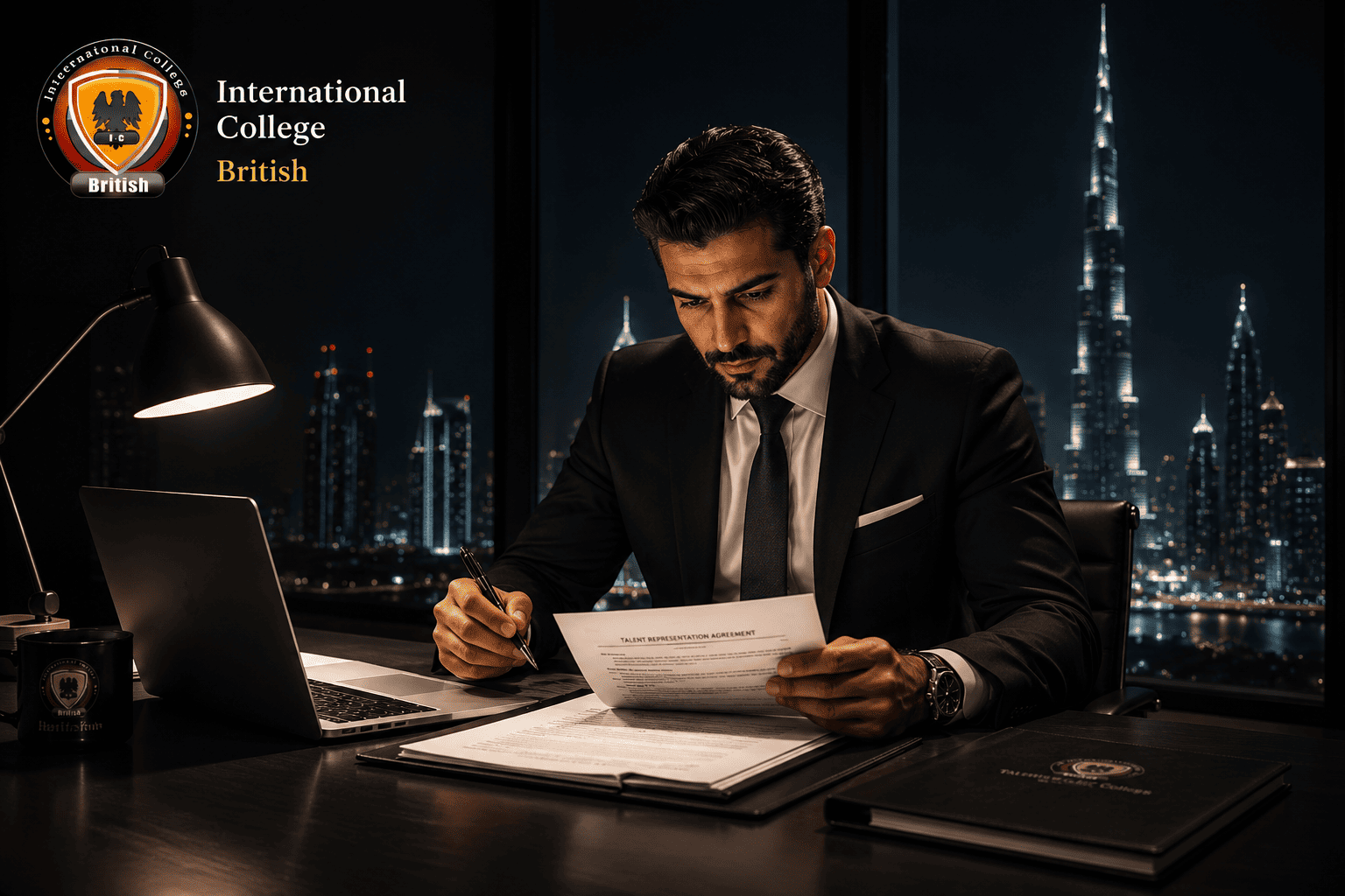 Arab male PR executive and talent manager reviewing contracts in a Dubai corporate office.